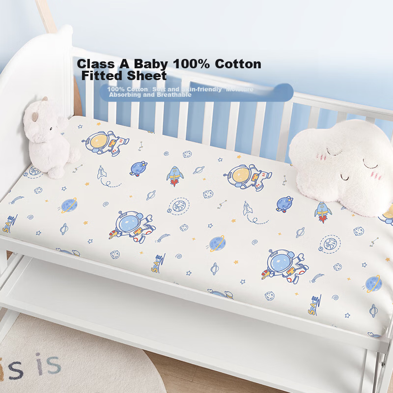 BEYONDHOME BABY Pure Cotton Fitted Sheet A-Class for Newborns and Toddlers, Cute Planet Design, 120*65cm