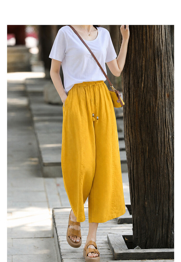 Demana [100 Lyocell] Summer Lightweight Nine-Point Tapered Beaded Drawstring Elastic Waist Petite Women's Casual Pants 3