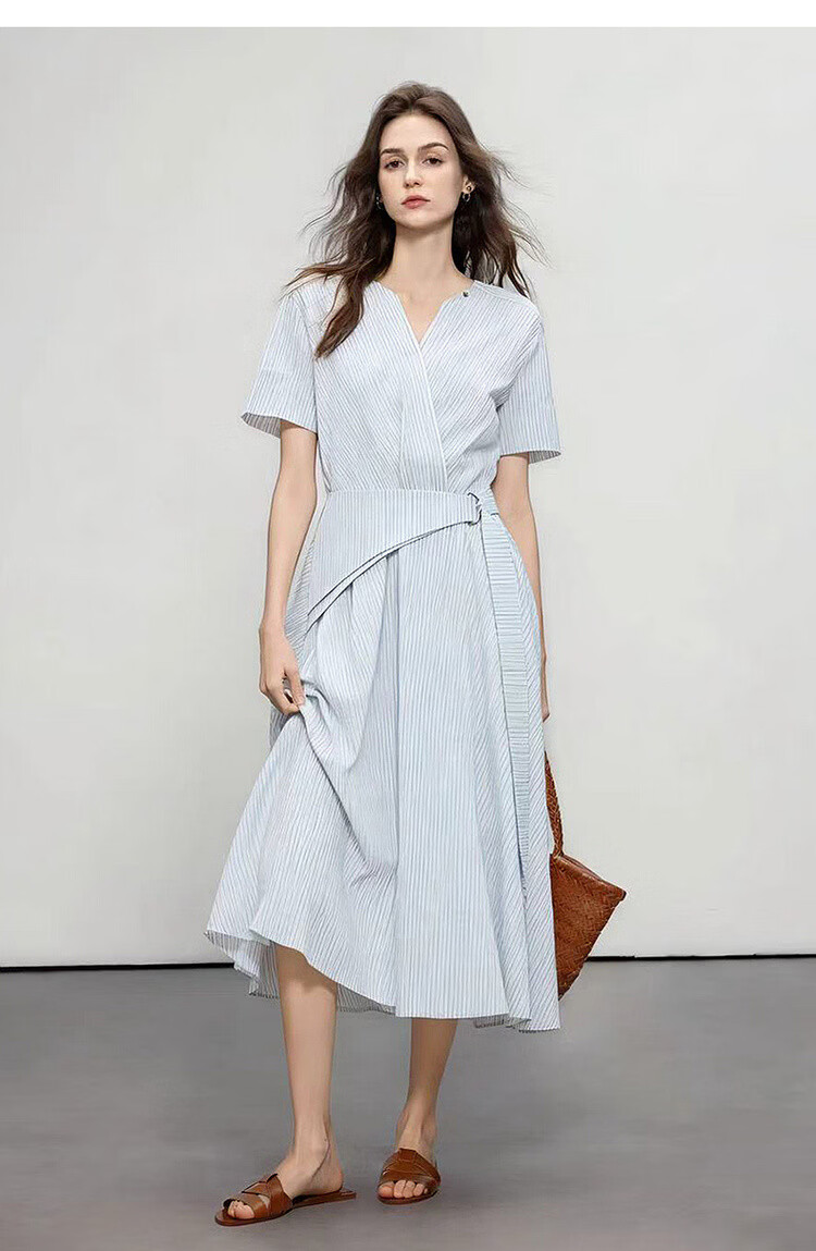 Demana Lightweight Cloud Oxygen Cotton Summer Simple Commuter V-Neck Striped Waist Belt Tie Waist A-Line Women's Dress 17