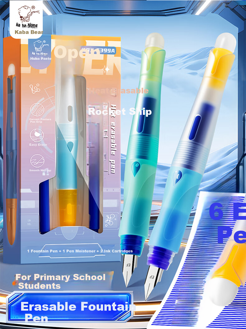 Kaba Bear Heat Erasable Fountain Pen Crystal Blue Posture Correcting Erasable Pen Set Student Children's Professional Calligraphy Pen Dark Blue 7