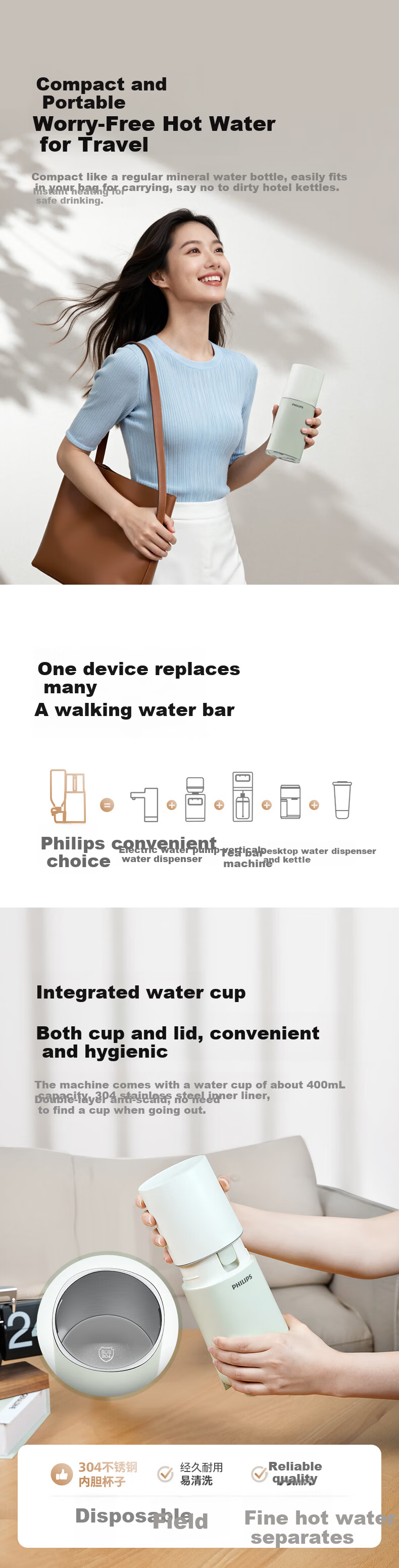 PHILIPS Portable Instant Hot Water Dispenser Small Desktop Home Tabletop No Installation Fast Heating Kettle ADD4844 4