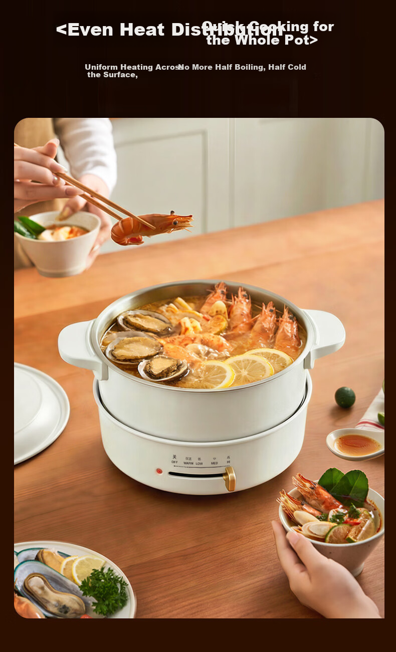 IMiMONE MiMeng Electric Hot Pot Electric Cooker Hot Pot Dedicated Pot 2-4 People Non-Stick Detachable Washable Household Frying Pan 304 Stainless Steel No Coating Multifunctional Pot 3L White IM301 12