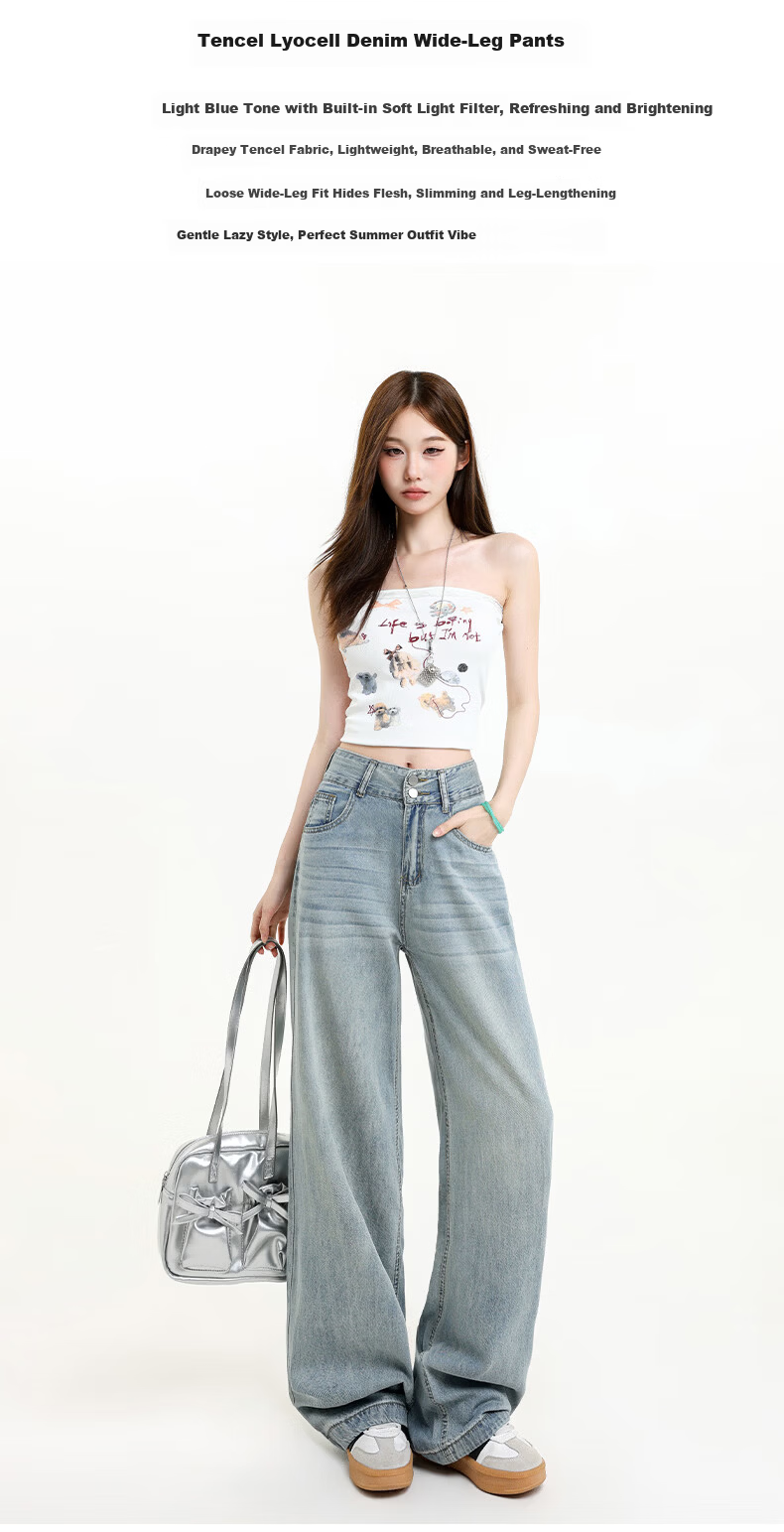 Jeanswest Women's High-Waist Jeans 2026 Spring Summer Lightweight Silky Slim Fit Wide-Leg Denim Pants Blue XL 2