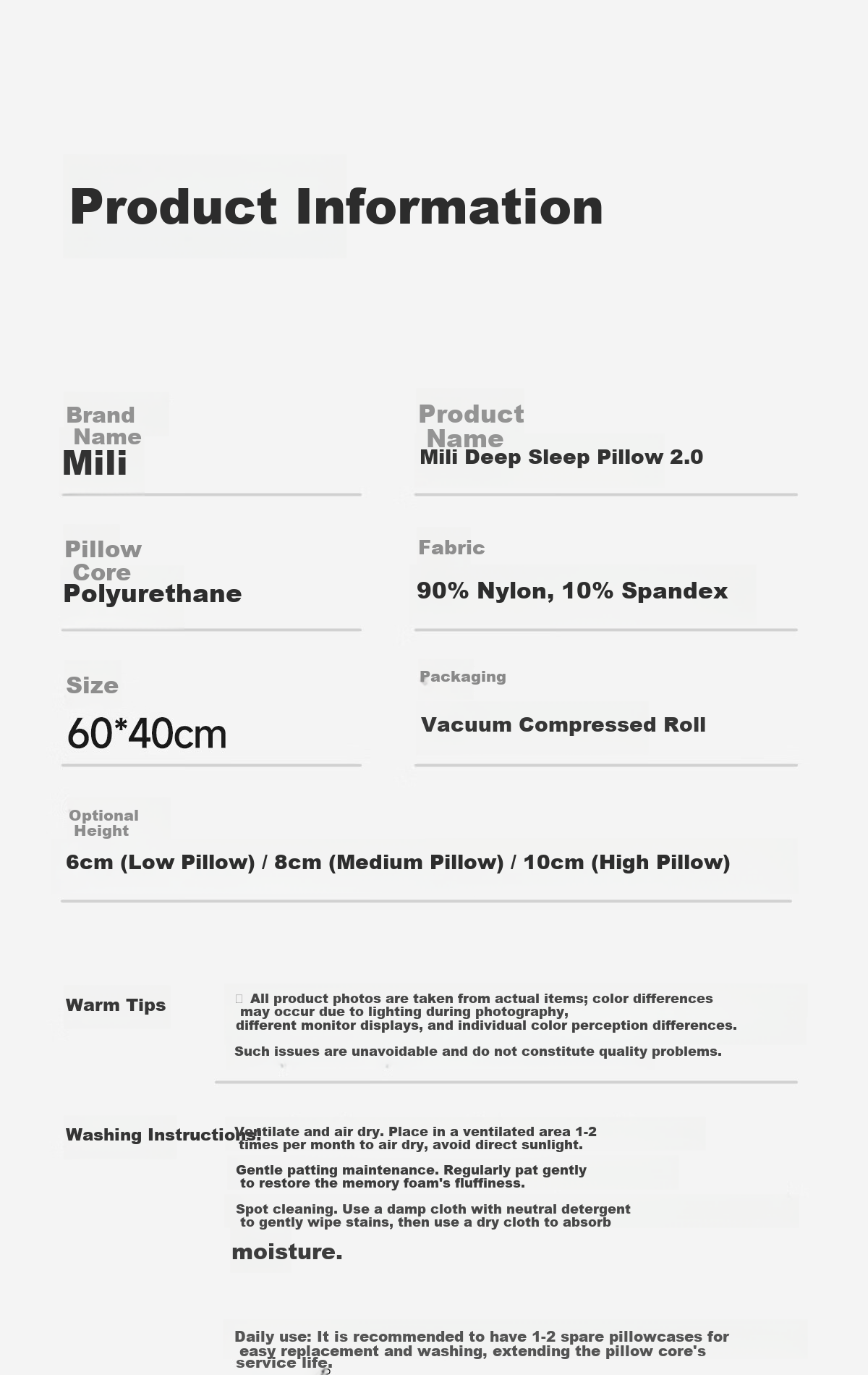 MLILY Mili Neck Support Pillow Adult Sleep Aid Deep Sleep Memory Foam Pillow Student Dormitory Single Use Pillow Core 18