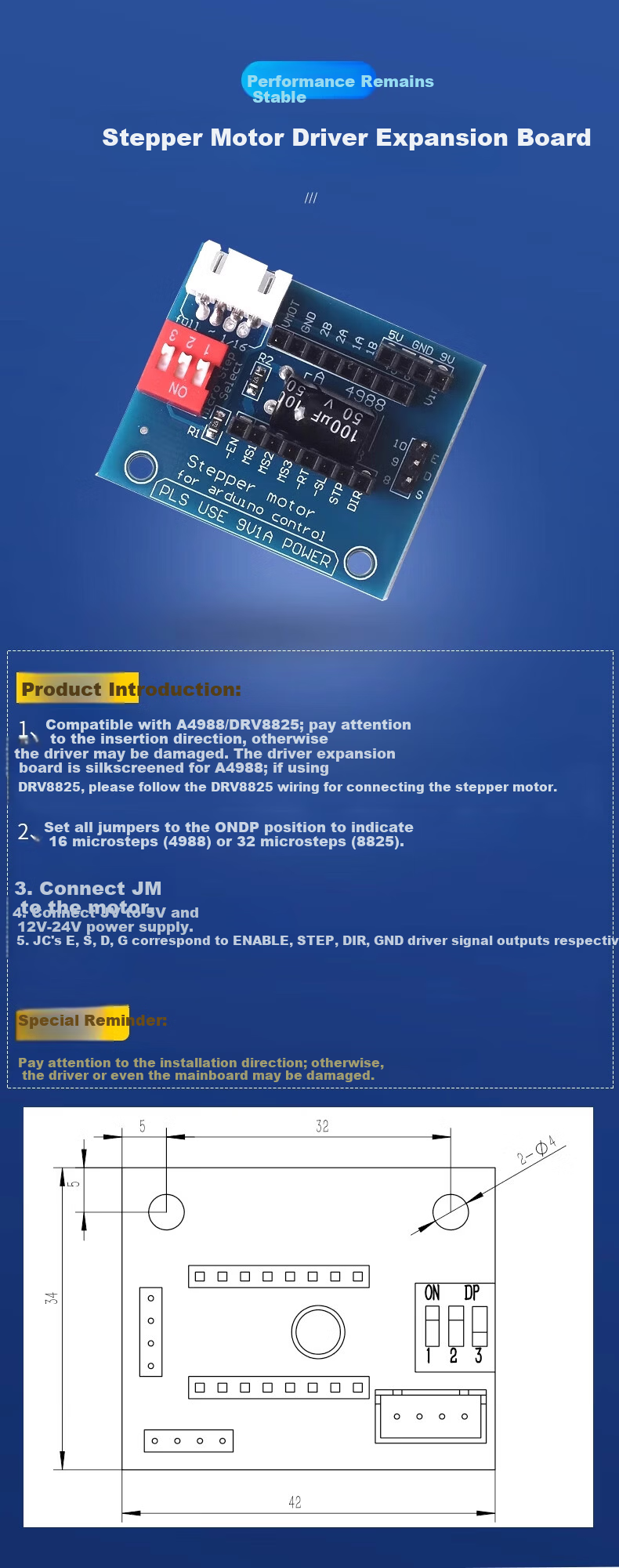 ZAVE 3D Printer Accessories Stepper Motor Driver Expansion Board Blue Board Stepper Motor Driver Module Expansion Board Driver Board Controller Module 3