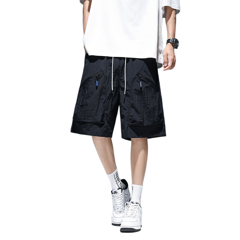 Foss Phil Quick-Dry Shorts for Men, Summer Sports Loose Cargo Pants with Large Pockets, Casual Fashion Five-Point Shorts, 019 Black M