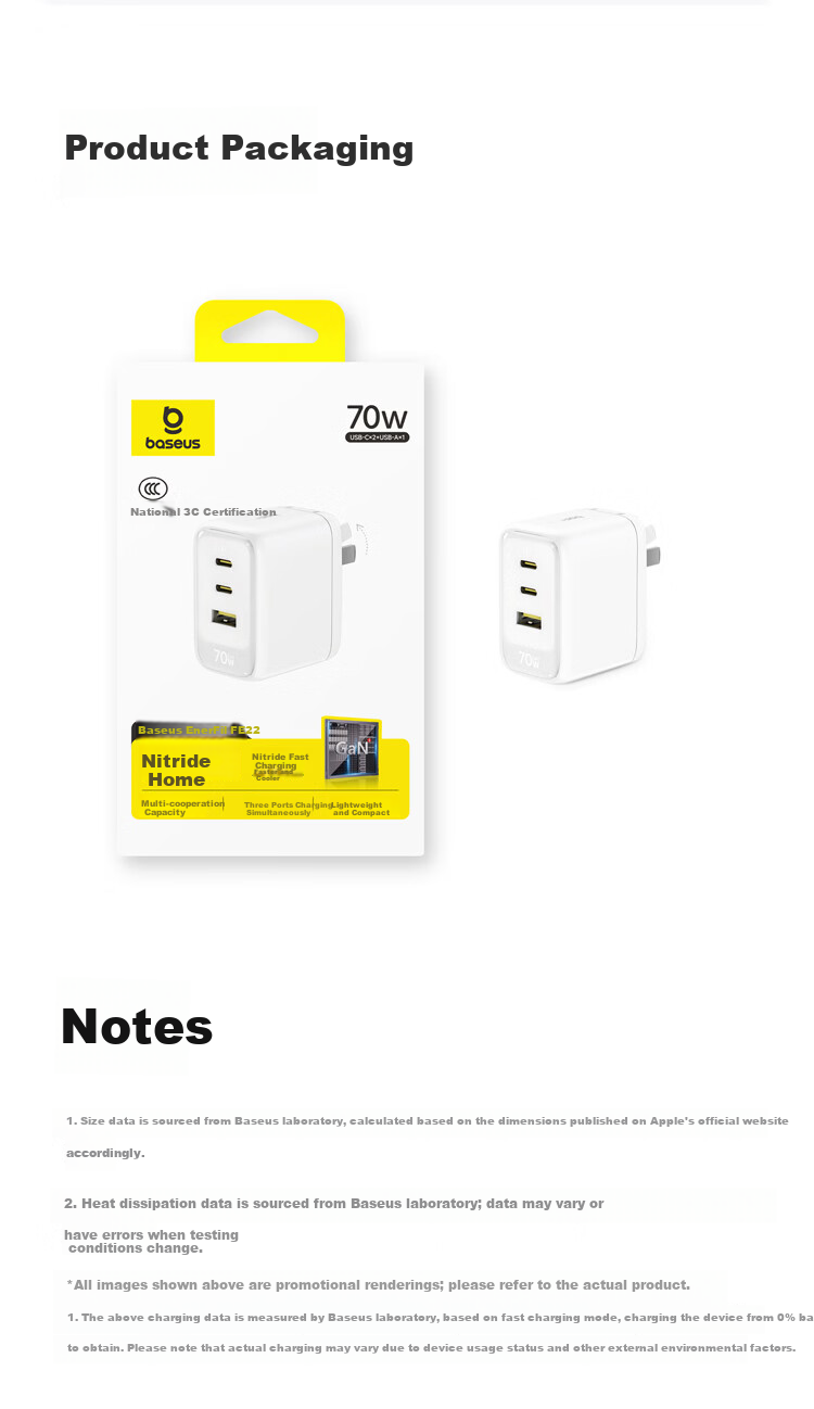 Baseus Little Ice 70W GaN Charger 3-Port Fast Charging MacBook Type-C PD65W Compatible with Apple 17/16, Xiaomi Phones, Laptop Adapter Blue 27