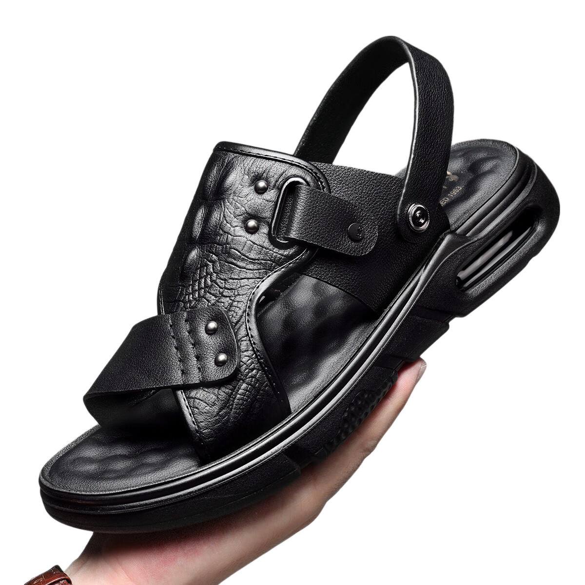 PLAYBOY Men's Leather Sandals, Genuine Leather, Summer, Dual-Use for Dad And Outdoor Wear, Beach Shoes, Lightweight Air Cushion, Black, Size 40