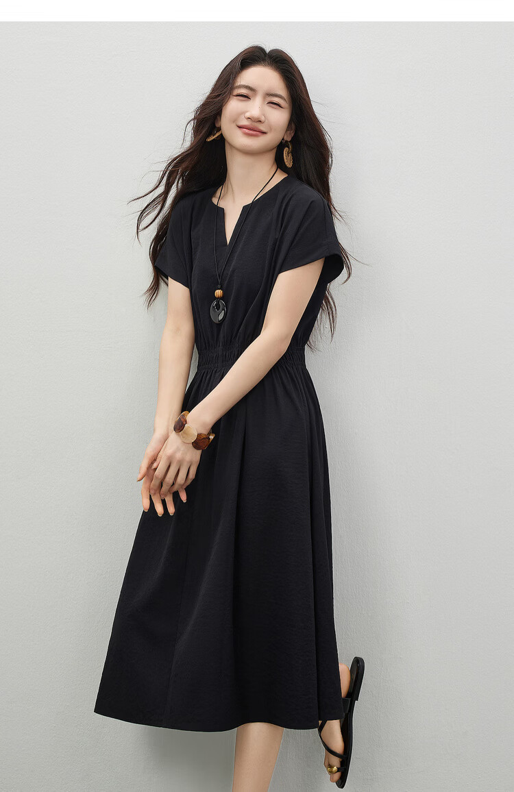 Shangdu Bila Elegant Round V-Neck Korean Style Summer Dress for Women Pear-Shaped Slimming A-Line Dress with Raglan Sleeves Casual Long Dress 12