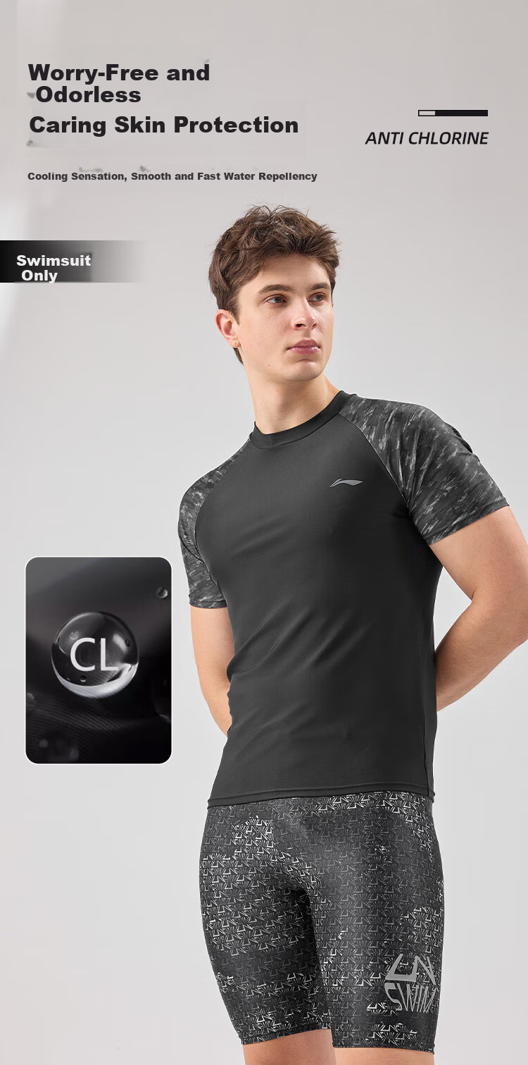 LI-NING Men's Short Sleeve Surfing Diving Swimsuit Quick-Dry Swim Training Top 818 Black Gray XL 4