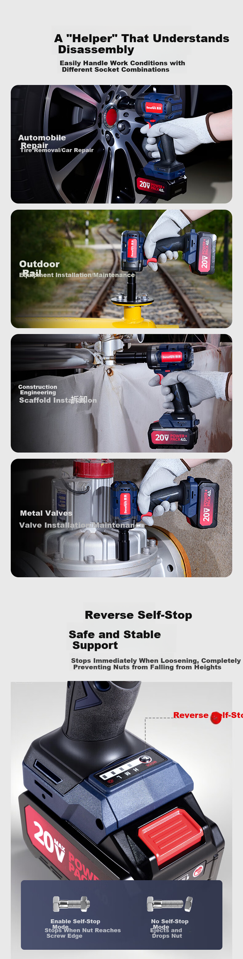 Huixiang 20V Lithium Brushless High Torque 450NM Impact Wrench Dual Battery 4.0Ah Scaffold Socket Air Gun Auto Repair 3