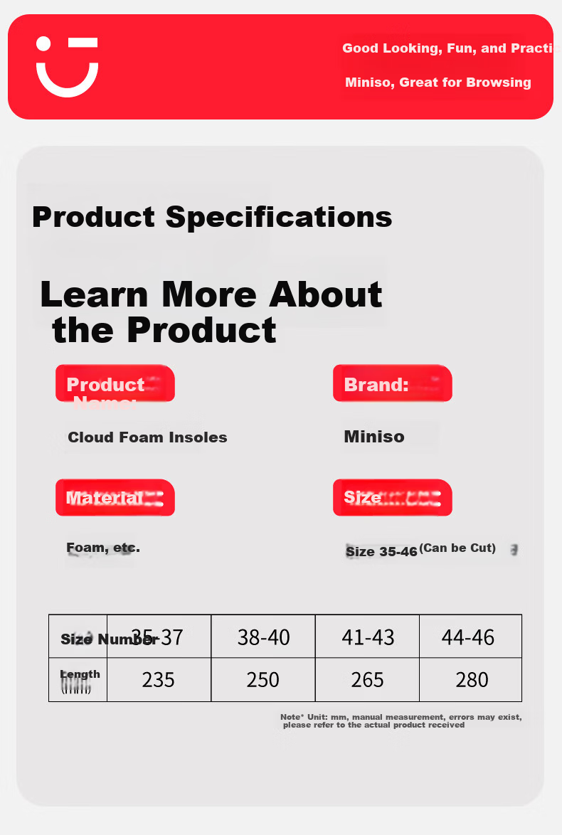 MINISO 6D Massage Arch Support Sports Insoles for Men and Women, Sweat-Absorbing, Breathable, Soft and Elastic, Size 44-46 9