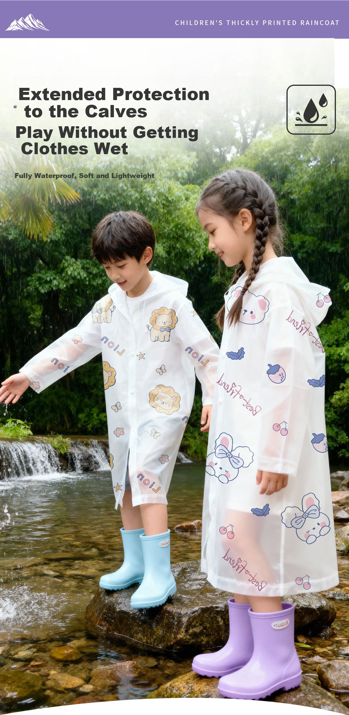 Kelorock Disposable Raincoat Printed Thickened Portable Anti-Storm Rain Poncho with Hood Brim Long Children's Raincoat for Electric Vehicles 2