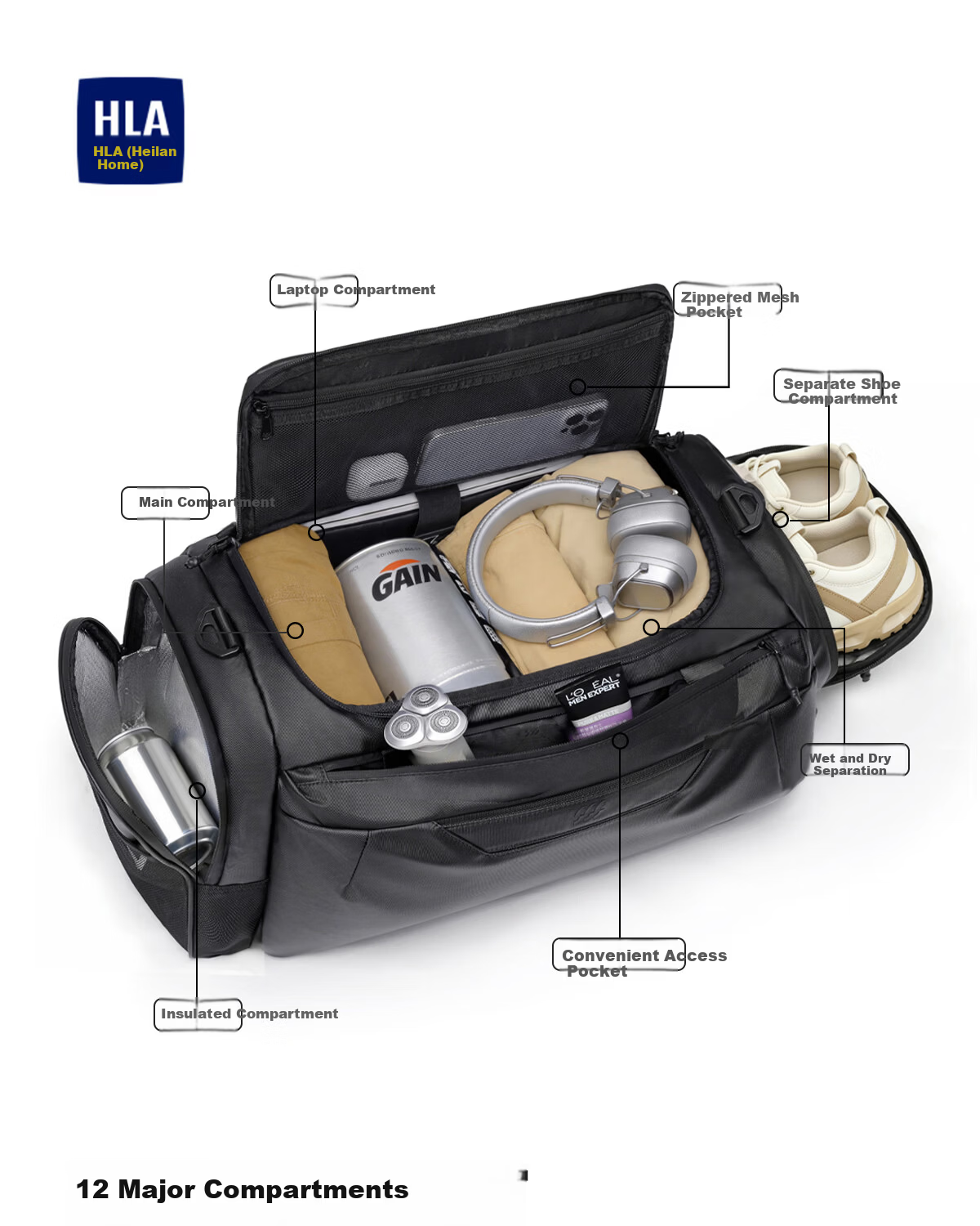 HLA Men's Large Capacity Multifunctional Travel Handbag Shoulder Crossbody Bag Business Trip Sports Gym Basic Model 1