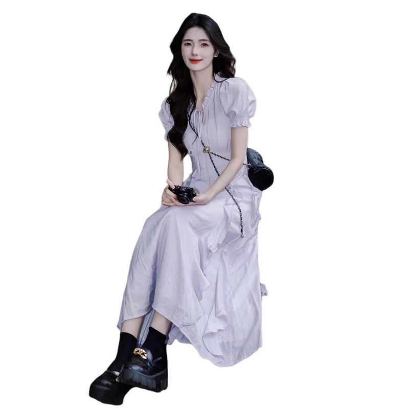 Mt [Early Summer Time] Summer Dopamine Fresh Lace-up V-neck Ruffle Puff Sleeve Waist-cinching Elegant Dress
