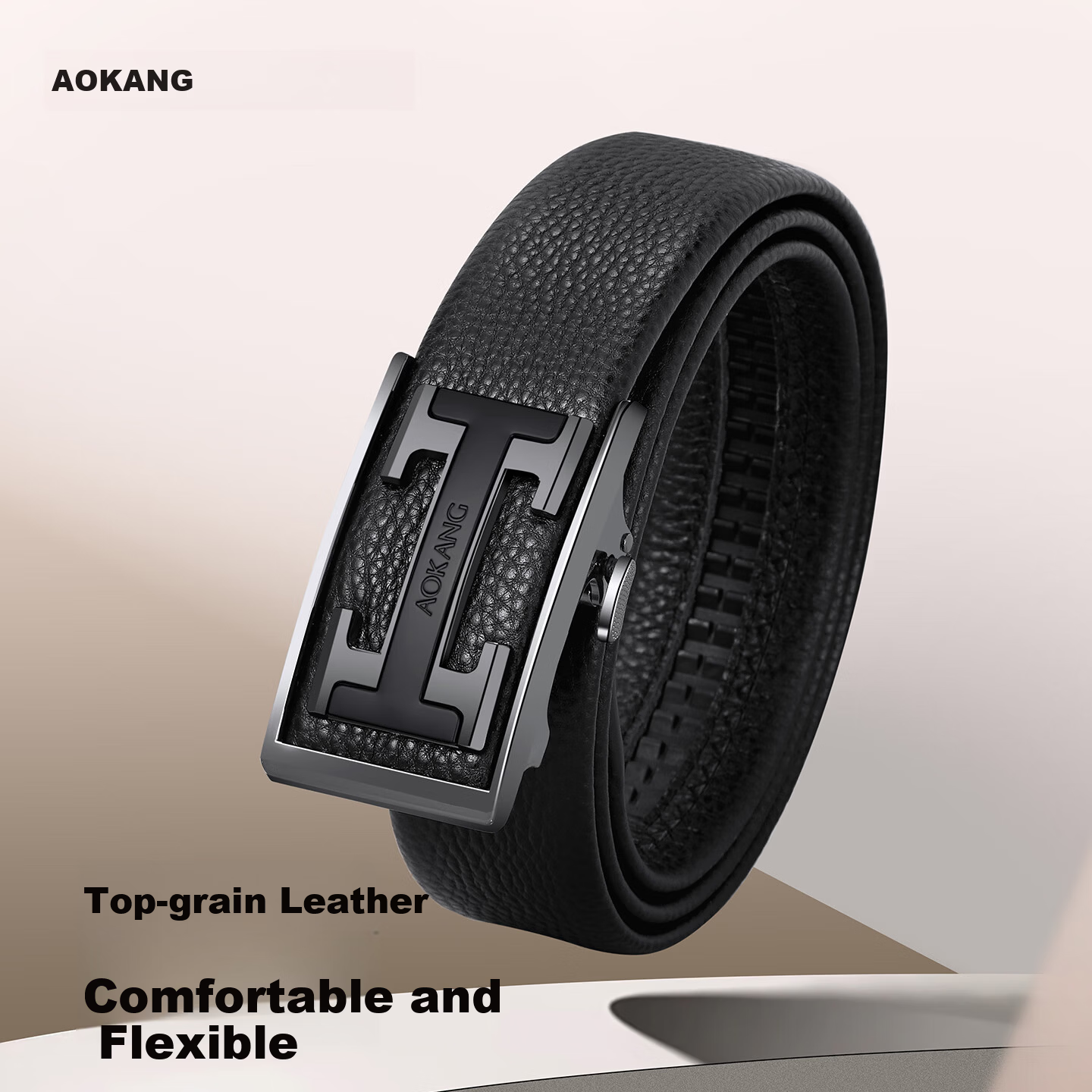 Aokang Men's Genuine Leather Belt, First Layer Cowhide, Flexible and Durable, Automatic Buckle, 115cm, Gunmetal Buckle, Gift for Men