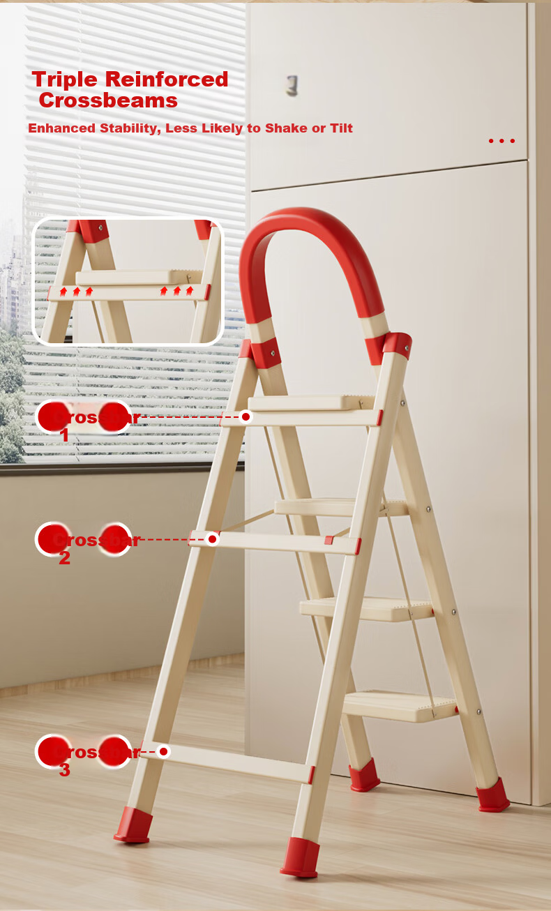 DU PONT Household Folding A-Frame Ladder Indoor Thickened Multi-Functional Safety Step Ladder Red and White 6-Step 6