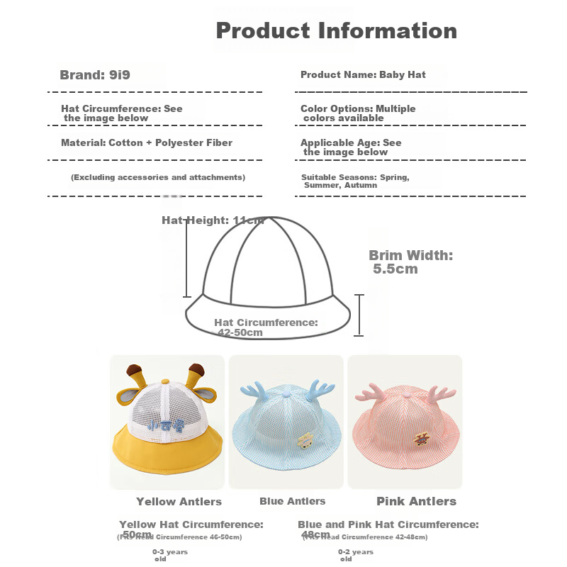 9i9 Baby Summer Thin Deer Antler Sun Protection Bucket Hat for Boys and Girls 0-2 Years F32 Blue