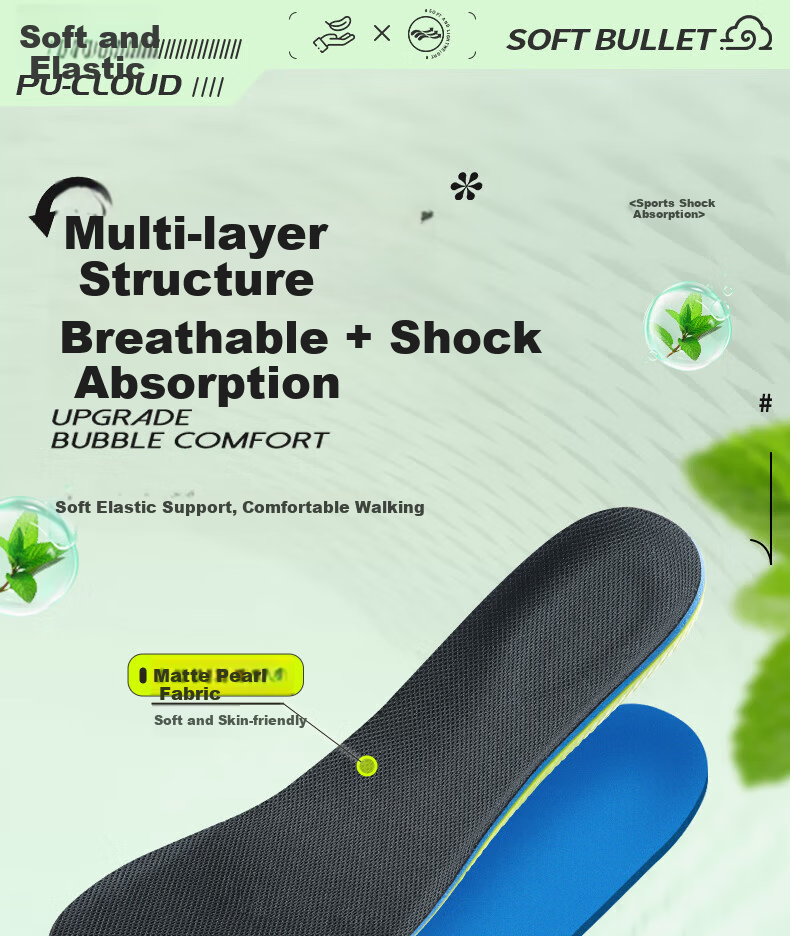 3AnGnI 2-Pack Insoles Unisex High Elastic Shock Absorption Antibacterial Sweat-Absorbing Odor-Resistant Sports Insoles for Long Standing Size 43-44 3