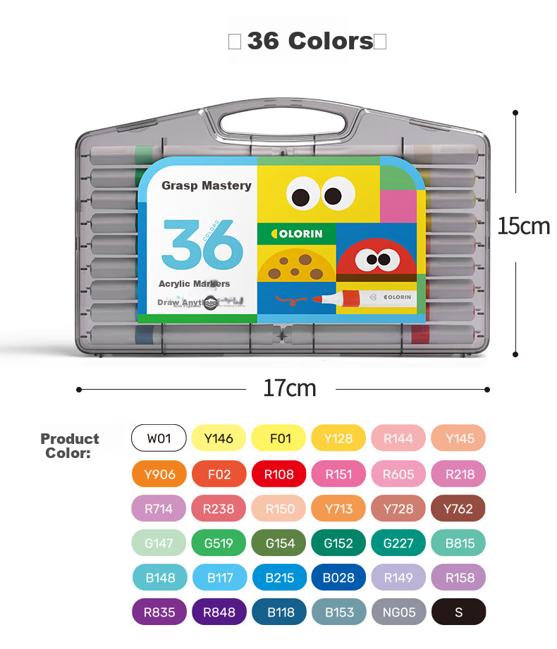 36-Color Hard Tip Acrylic Markers Transparent Gift Box Ergonomic Triangular Thick Barrel Washable Student Kids Paint Pens Highlighter Doodle Hand Drawing Birthday Gift 23