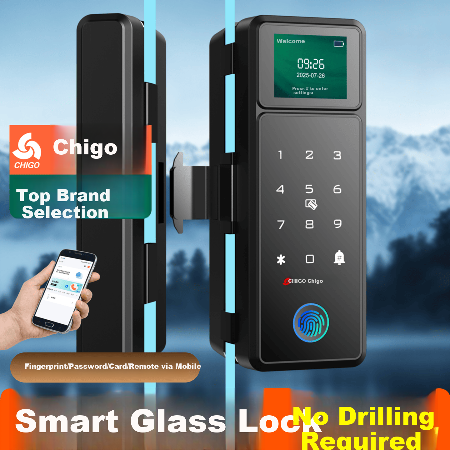 CHIGO Glass Door Fingerprint Lock No Drilling Office Password Lock Single and Double Door Smart Electronic Access Control Lock