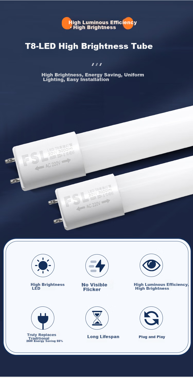 Foshan Lighting (FSL) T8 LED Tube Light Daylight Tube High Efficiency Energy Saving Double-End 1.2m 20W White Light 6500K Complete Set with Bracket 2