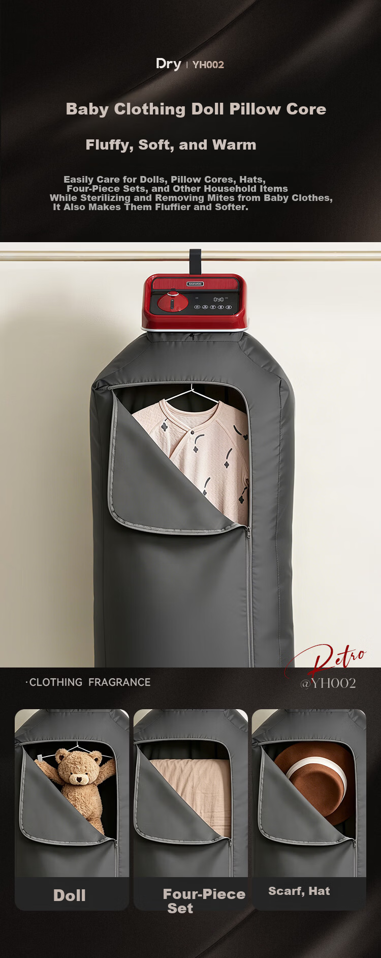 DAEWOO Portable Home Dryer Small Baby Clothes Dryer Steam Deodorizing Sterilizing Mite Removal for Dormitory Travel 9