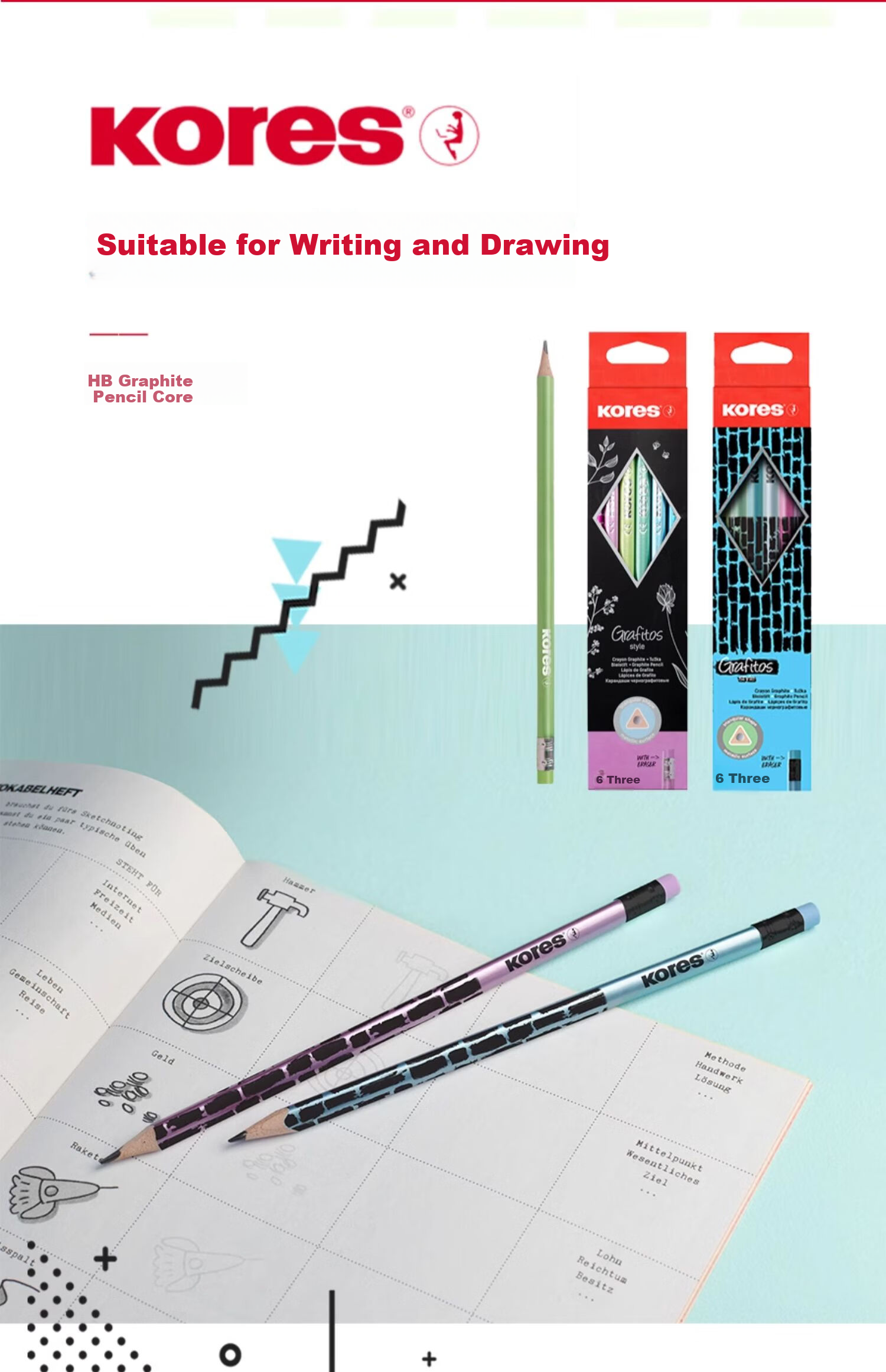 KORES Europe Kores HB Non-Toxic Pencils for Primary School Grade 1 with Multiplication Table, Fashion Cartoon Writing Sketching Graphite Pencils, 12 Pack 9