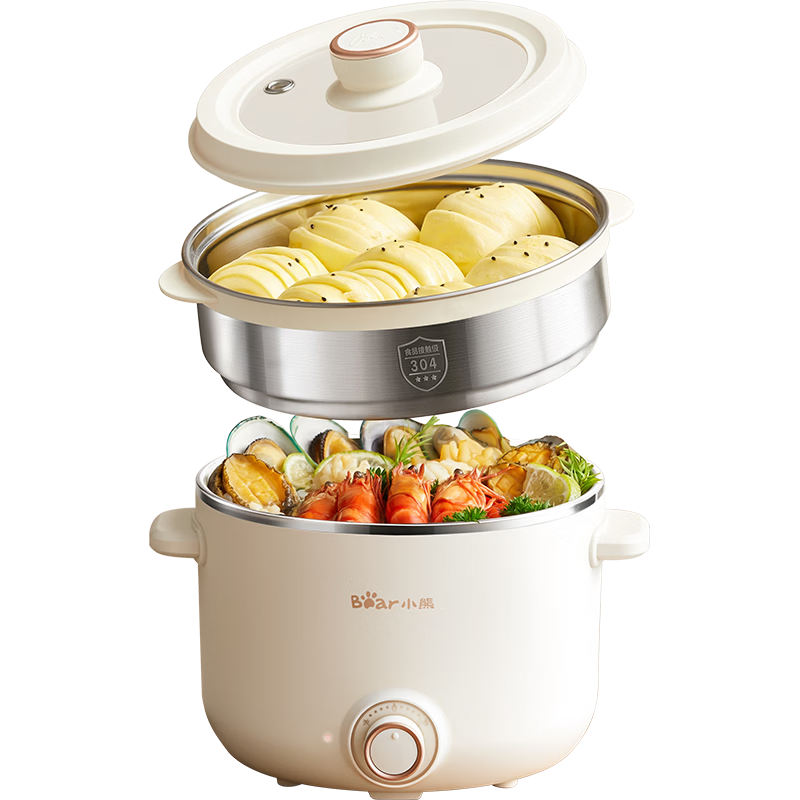 Bear Electric Stainless Steel Cooking Pot Dormitory Small Electric Cooker Instant Noodle Household Electric Heating Pot Steaming and Cooking Multifunctional Large Capacity 2-3 Person Upgrade with Tita
