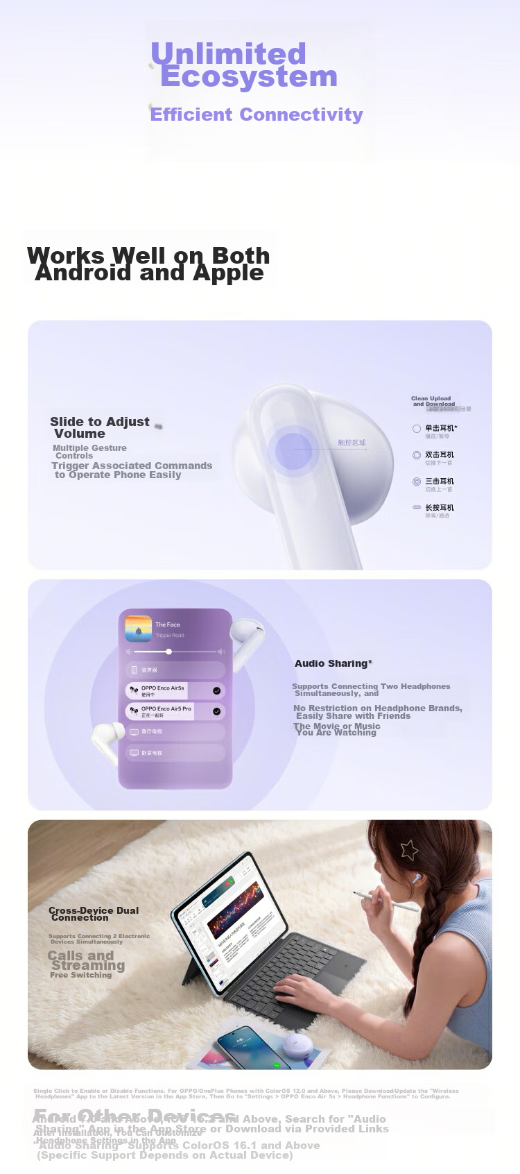 OPPO Enco Air5s True Wireless Noise-Cancelling Bluetooth Earphones Semi-In-Ear Comfortable Noise Reduction Universal for Huawei Xiaomi OnePlus Apple Starlight Edition Starlight Purple 12