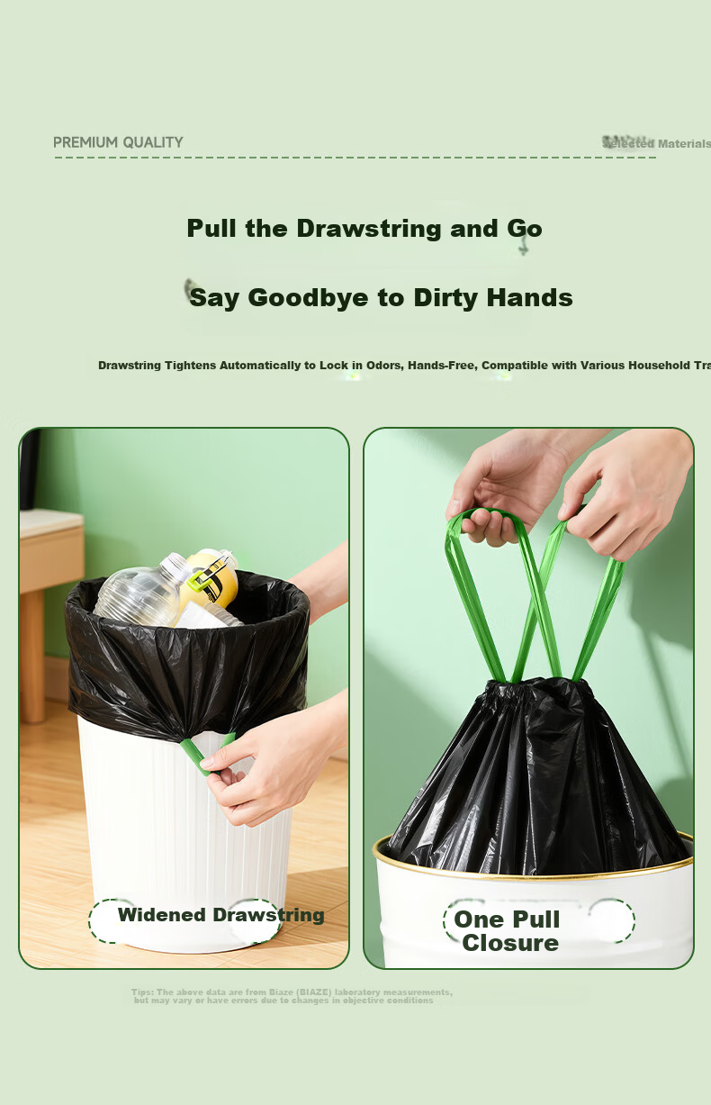 BIAZE Drawstring Trash Bags 45x50cm Double-Sided 2.4 Mil 100pcs Tear-Resistant Thickened Household Kitchen with Mugwort Scent 13