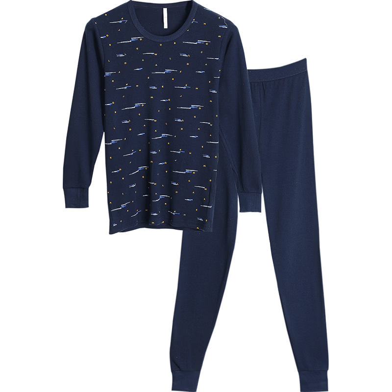 Hodo Men's Pure Cotton Autumn Underwear Set, All-Cotton Printed Thin Cotton Sweater And Pants, New Autumn Release, Navy Blue, Size 180
