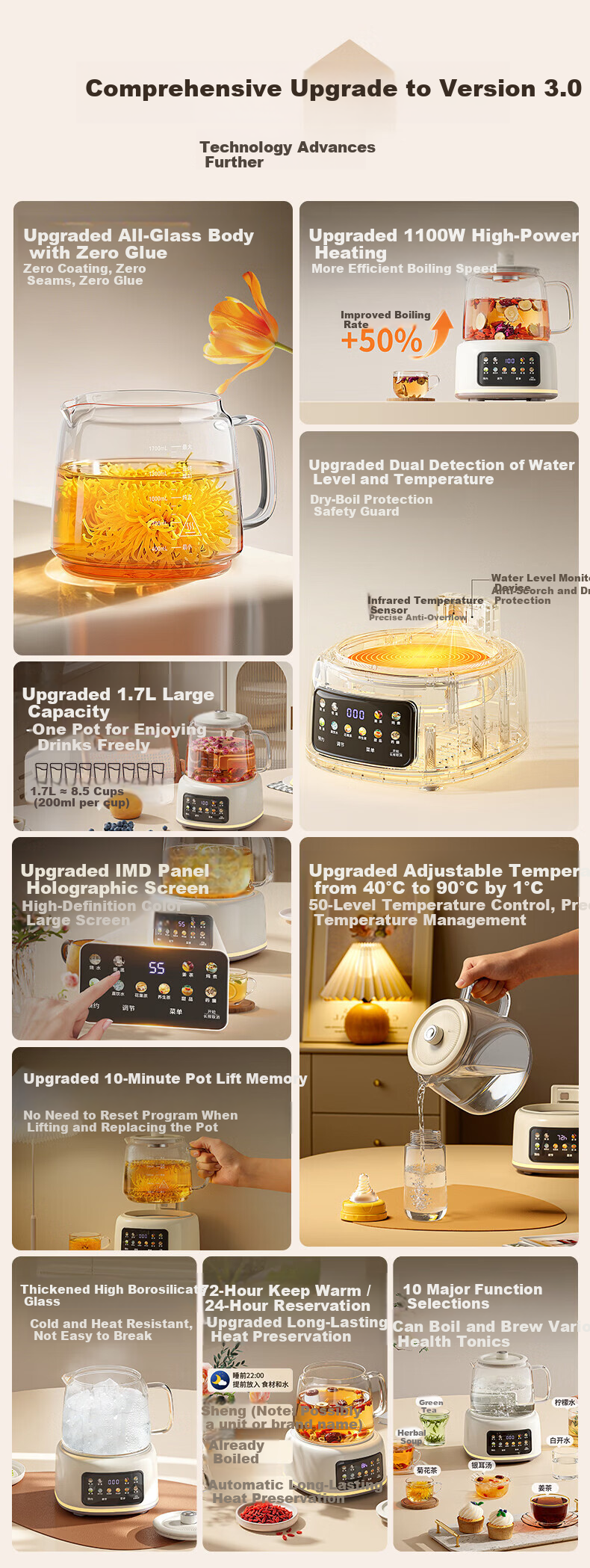 AUX Pure Glass Health Kettle Electric Tea Kettle Hot Water Kettle Constant Temperature Insulated Smart Baby-Safe BPA-Free Herbal Tea Kettle 1.7L ASH-17AZX-518F 3