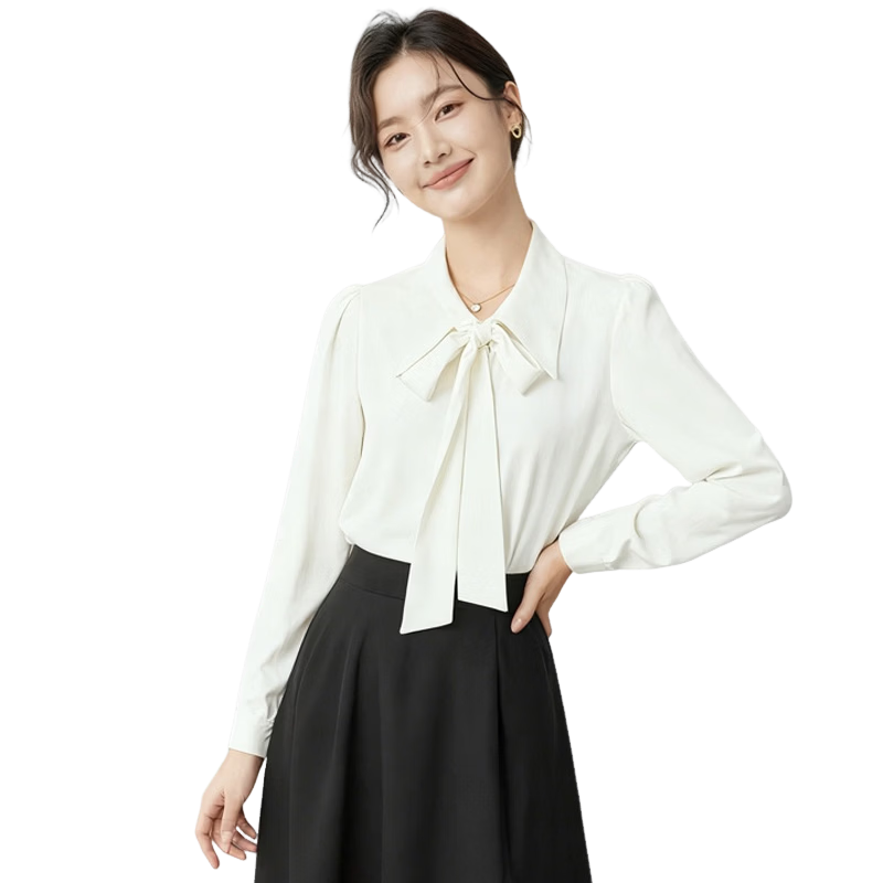 Jeanswest Women's Shirt Spring Summer Ribbon Professional Formal High-Quality Innerwear Interview Commuting White Long Sleeve 2XL