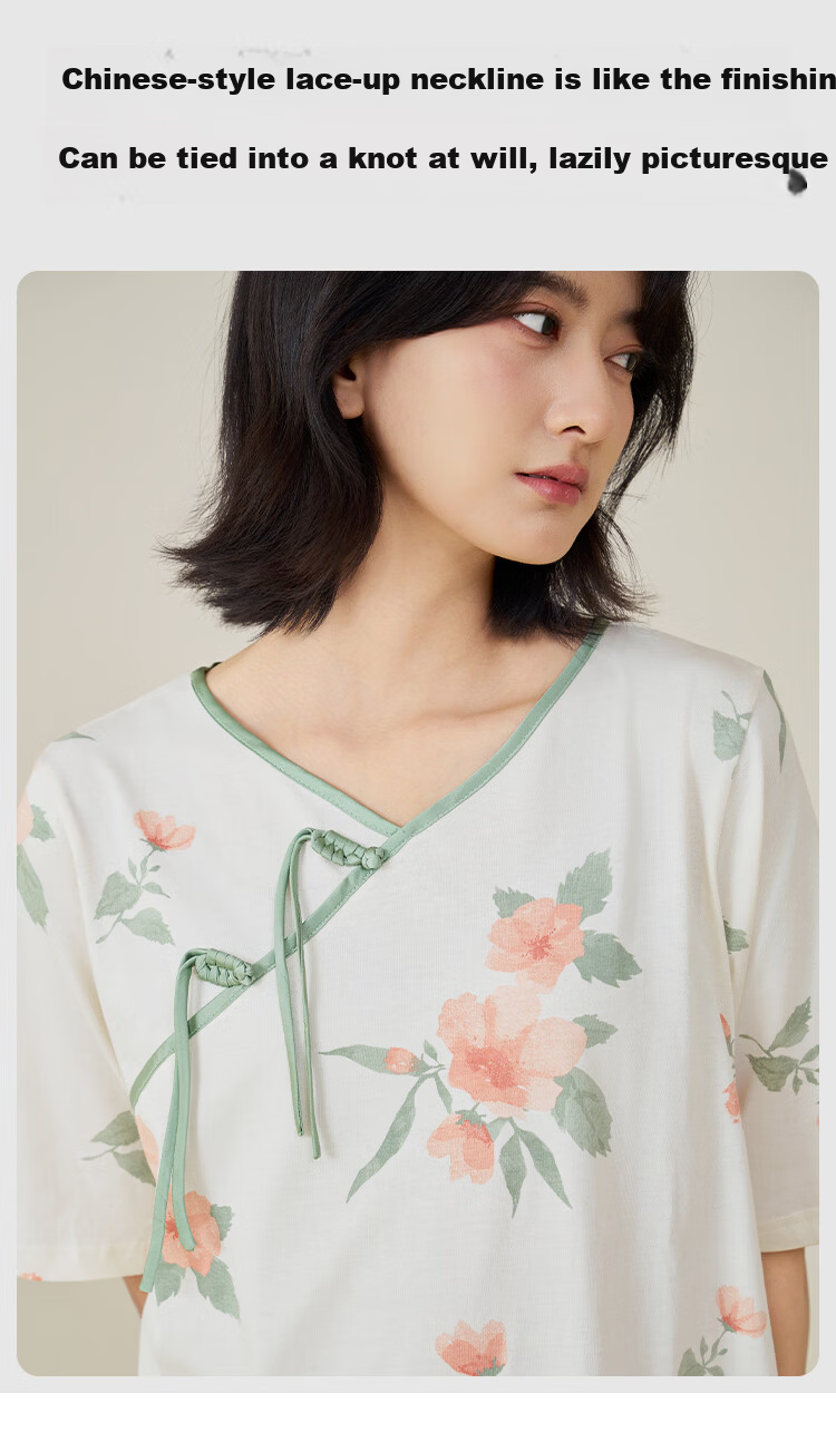 Threegun [Wind Catcher Series] Spring Summer Women's Cotton Short Sleeve Nightdress Homewear Outerwear Traditional Style Dress 6