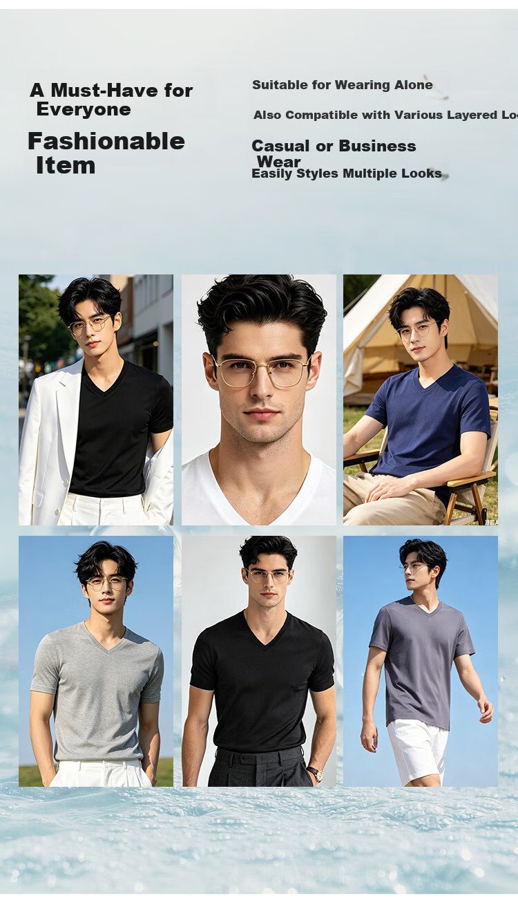Miiow Men's Heavyweight V-Neck Modal Cotton Short Sleeve T-Shirt High-End Business Breathable Versatile Commuter Casual Base Shirt 3