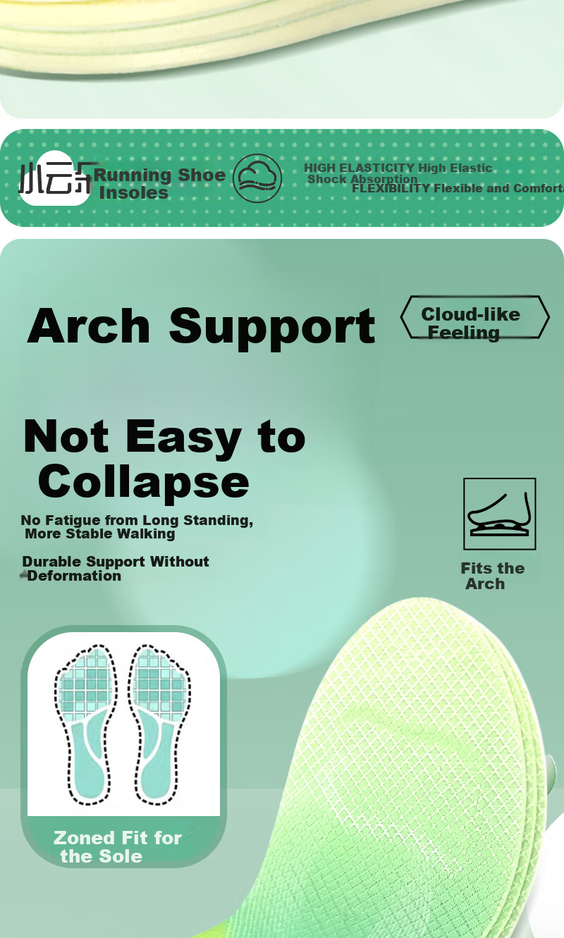 Vitality Rebound Small Cloud Insole Soft Elastic Sports Antibacterial Deodorant Shock Absorption Breathable Sweat-Absorbing Men's Long-Standing Fatigue Relief Military Training Women's Green 39-40 8