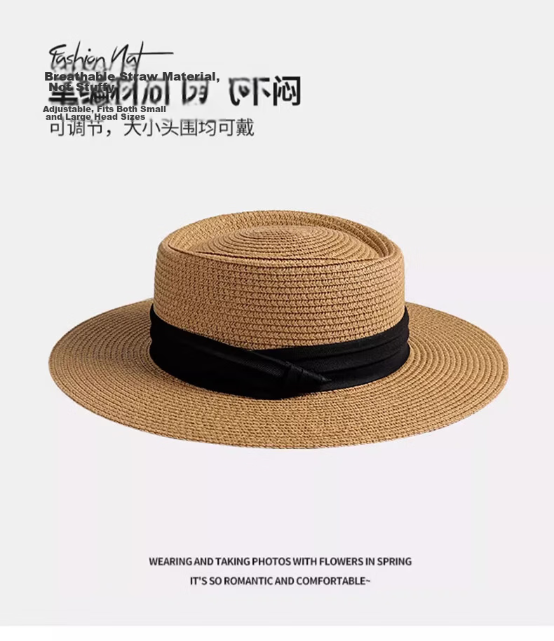 HAOGUAN Women's New Summer Sun Hat French Flat Top Straw Hat Slim Face Beach Sun Protection Hat 10