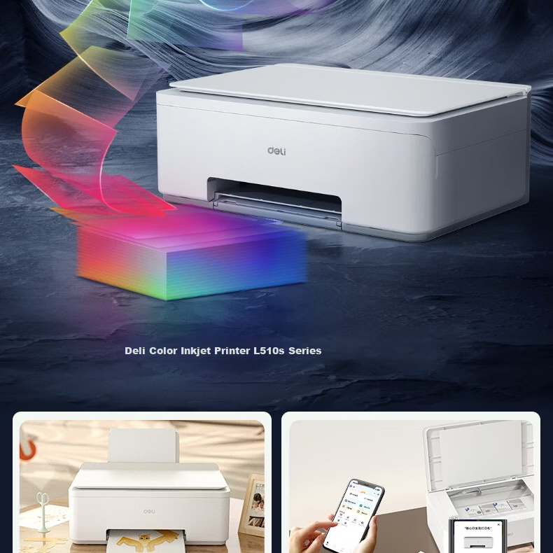 Deli AI Home Printer 3-in-1 Color Error Correction Wireless Mobile Copy Scan Inkjet Photo Printer 3