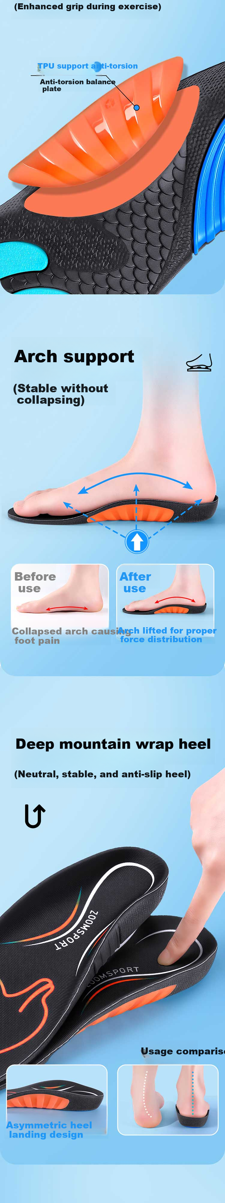 Footprint Tribe Whale Insole Professional Arch Support Insoles for Men Flat Feet Sports Shock Absorption Comfortable for Long Standing Size 43-44 2