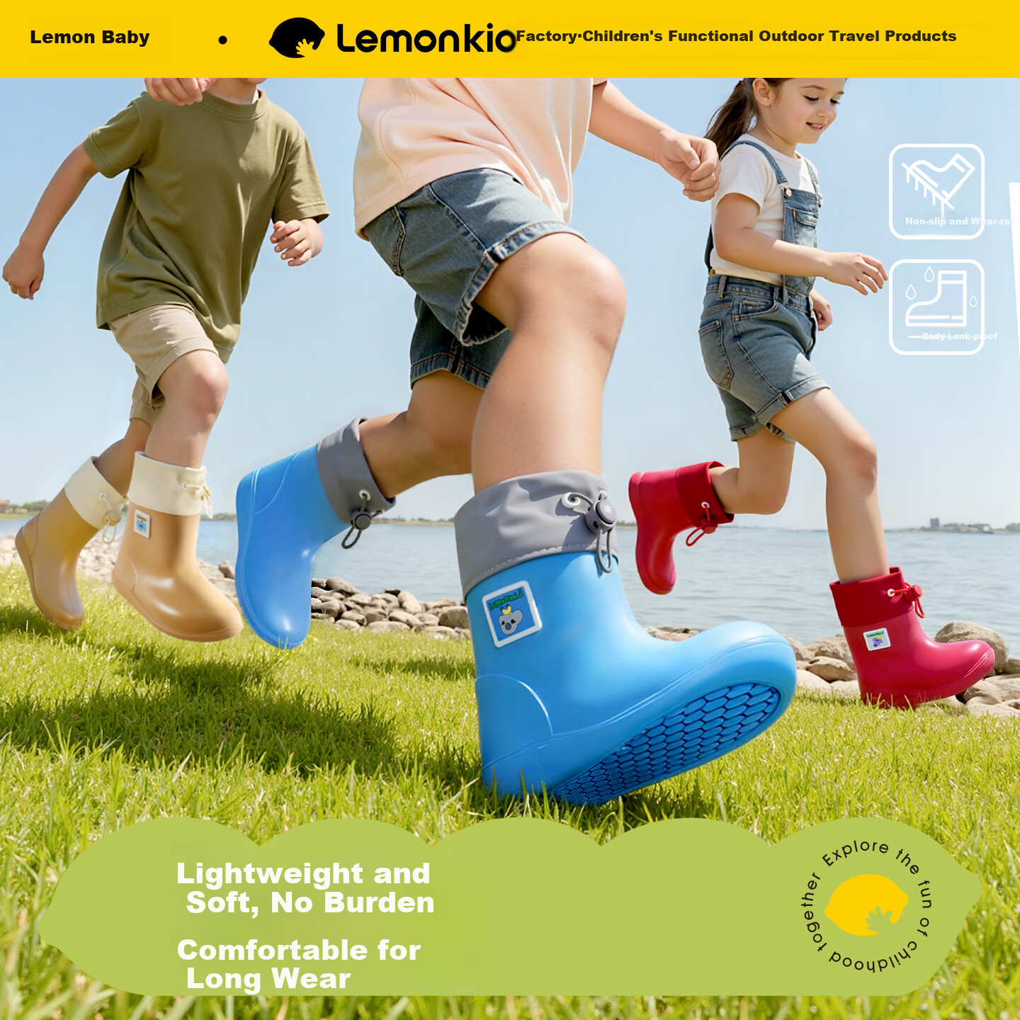 Lemon Baby Kids Waterproof Rain Boots Unisex Outdoor Non-Slip Water Shoes with Drawstring Closure, Blue, Size 18