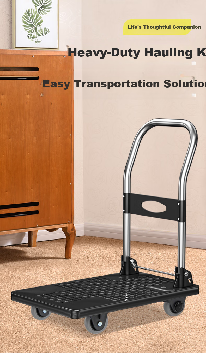 Feida Small Cart Flatbed Hand Truck Trolley Small Pull Cart Hand-Pulled Transport Cart 90x60cm Black 5-Inch Rubber Wheels 1