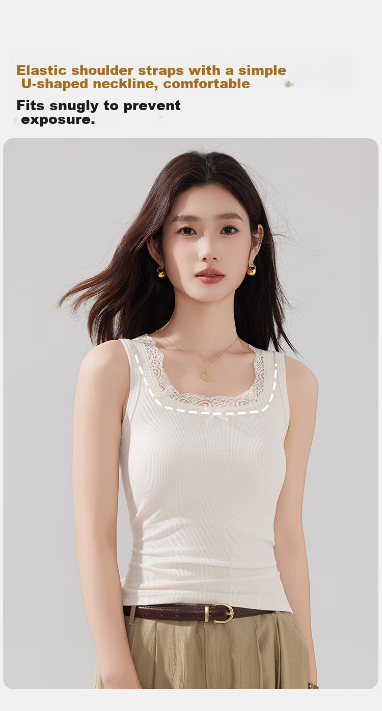Herbal Original Color Women's Vest with Chest Pad, Cotton Lace Trim, Bowknot, Summer Slim Fit Back Beauty Inner Wear Top 2