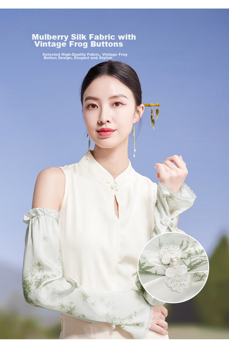 Shanghai Story Women's Silk Sun Protection Ice Sleeves Spring Summer 100% Mulberry Silk Satin Printed Loose Retro Sunshade Arm Sleeves Valentine's Day Gift 3