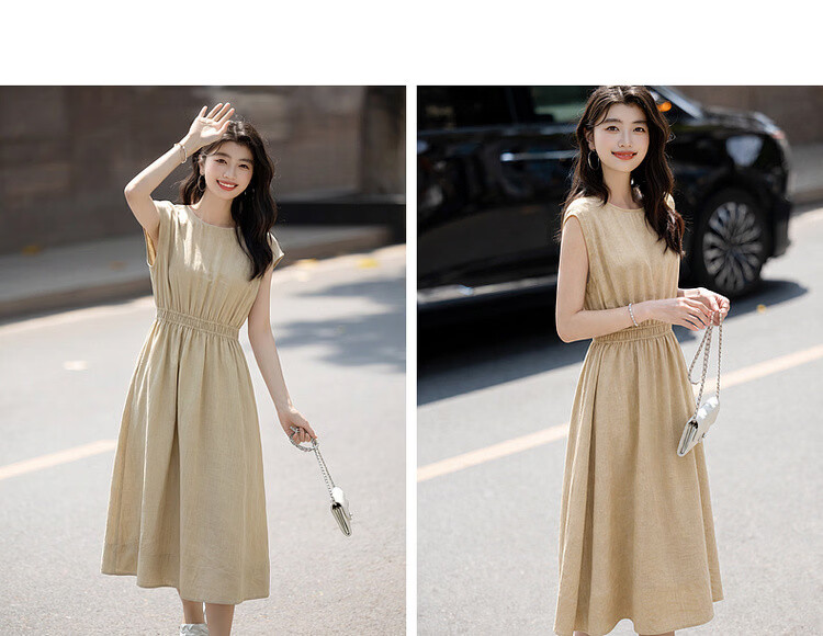 Demana [Elegance Companion] Summer Commuter Style Round Neck High Waist Cap Sleeve Lightweight Draped Mid-Length Women's Dress 14