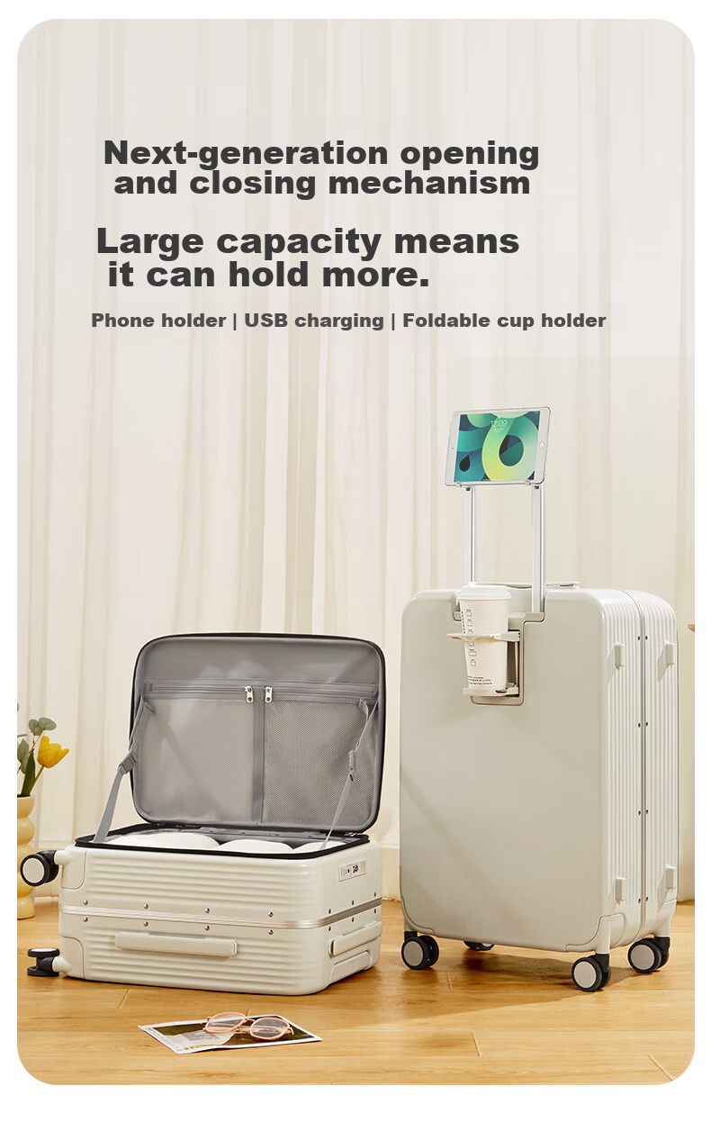 Mixi Multifunctional Aluminum Frame Trolley Luggage Large Capacity Side-Opening Travel Suitcase Men Women 20-inch Smoke White 1