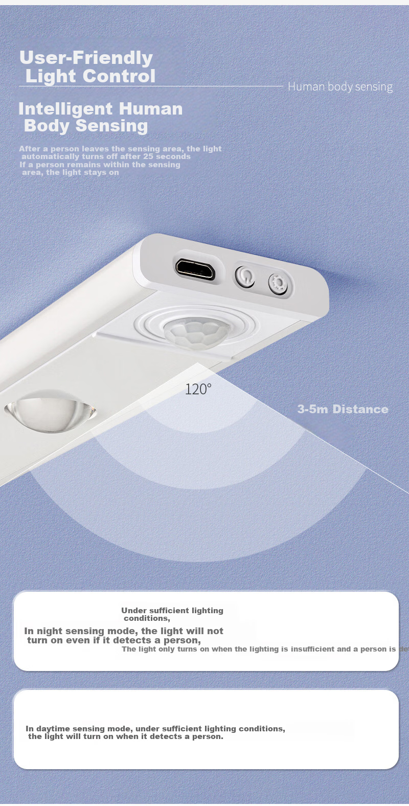 Yuanfang Human Body Sensor LED Rechargeable Wireless Ambient Shoe Cabinet Wardrobe Wine Kitchen Cabinet Light Adhesive Magnetic Work Night Light 40CM 3