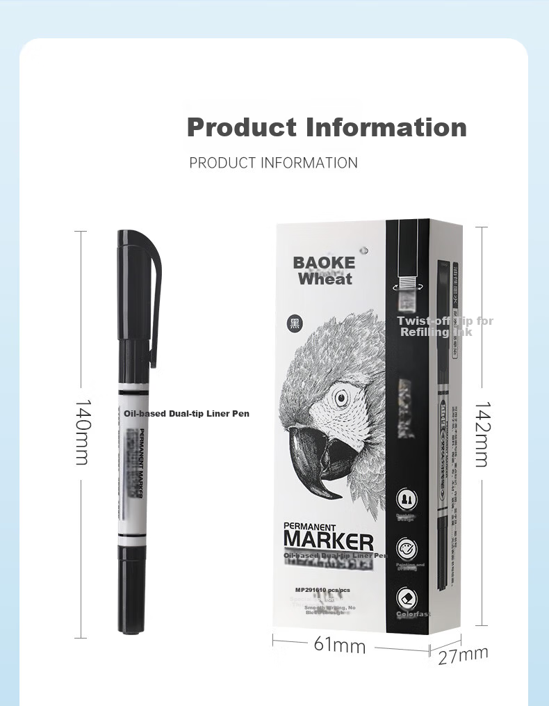 BAOKE MP2916 Oil-Based Double-Ended Fine Line Pen, Waterproof Quick-Drying Smooth Writing Marker, Art-Specific Outlining Pen, Signing Pen, Drawing Pen, Blue, 10 Pens/Box 10