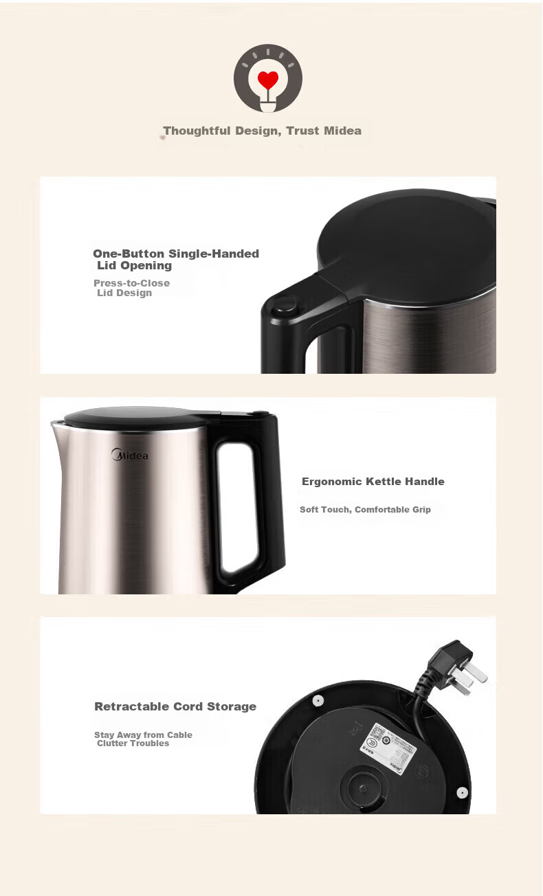Midea Electric Kettle 1.7L Large Capacity Household High Power Kettle 316L Stainless Steel Inner Pot Double Layer Anti-Scald and Dry-Boil Protection Electric Kettle MK-PJ17A01 5