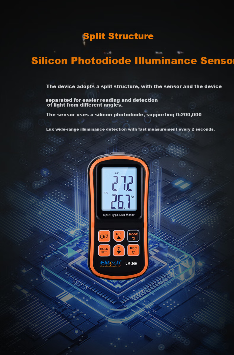 Jingchuang LM-200 Illuminance Meter Split-Type Light Intensity Monitor High-Precision Photometer 200,000 Lux Brightness Tester 1